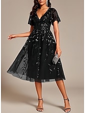 cheap Cocktail Dresses-A-Line Cocktail Dresses Elegant Dress Homecoming Party Wear Tea Length Short Sleeve V Neck Sequined with Sequin Dresses