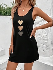 preiswerte Einfaches Kleid-Damen Mini Kleid Sommerkleid Urlaub Lässige Strand tägliche lockere Passform Herz Grafik ärmellos U-Ausschnitt Schwarz Sommer