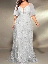 voordelige Onder 129,99 $-Plus Size Jurk Moeder van de Bruid Curve Jurk Elegant V Hals Vloerlengte Polyester Korte Mouw met Kant