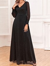 levne černý-Šaty matky nevěsty elegantní párty černé šaty V krku na zem polyester dlouhý rukáv se sequiny