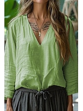preiswerte Hemden-Damen Hemd Bluse Baumwoll-Leinen-Hemden Einfach Basic Modern Langarm V Ausschnitt Normale Oberteile Täglich Ferien Ausgehen Rosa Armeegrün Kamel Leicht Blau Sommer