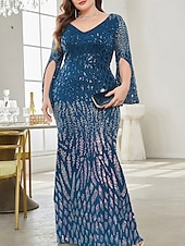 baratos AZUL-Vestido Plus Size Mãe da Noiva Vestido de Curvas Elegante Festa Decote em V Comprimento do Chão Spandex Manga Longa com Lantejoula 2025