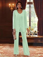 voordelige Broekpakken van mama-Strand Bruiloft Jumpsuit  Broekpak 3-delig Moeder van de Bruid Formele Bruiloft Gast Elegante V-Hals Vloerlengte Chiffon Kant Lange Mouw Jas met Apliques 2025