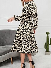 preiswerte Kunst &amp; Design Kleid-Damen Midi-Kleid A-Linie Kleid Fit And Flare Kleid Urlaub Lässig Alltag Reguläre Passform Grafisch Langarm Hemdkragen Schwarz Sommer