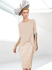economico Lunghezza del tè-Abito Tubino da Spiaggia Madre della Sposa Elegante Collo Gioiello Lunghezza Ginocchio Sequin Chiffon Elasticizzato Manica Mezza con Ruches in Pizzo 2025 misura personalizzata gratuita
