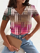 billige Kunst &amp; Design t-skjorte-Dame T skjorte Grafisk Geometrisk Fritid Kortermet V-hals Vanlige topper Daglig Trykt mønster Rosa Blå Grønn Sommer Vår