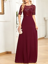 abordables Moins de 129,99 $-Robe pour mère de la mariée élégante robe de soirée décolleté rond longueur sol en chiffon spandex à manches courtes avec sequins