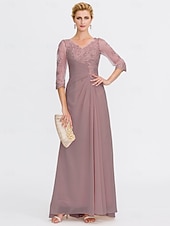 economico Lunghezza del pavimento-ts beach wedding a-line madre della sposa abito da sposa invitata elegante taglie forti trasparente scollo a V lunghezza pavimento chiffon mezza manica con applicazioni drappeggio laterale 2025