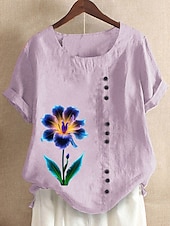 cheap Shirts-Women&#039;s 100% Cotton Blouse Vintage Casual Crew Neck Daily Going out Buttons Print Maroon Grass Green White Purple