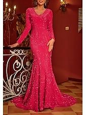 preiswerte Abendkleider-Meerjungfrau  Trompete Abendkleid Elegantes Kleid Formelle Black Tie Gala Court Zug Langarm V-Ausschnitt Lurex-Stoff mit Glitzer