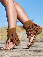 billiga Semester Sandaler-damsandaler i boho-stil med bruna fransar – trendiga och flytande skor för musikfestivaler, strandpromenader och avslappnade utomhussammankomster