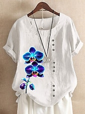 voordelige Overhemden-Dames 100% katoenen blouse bloemenprint vintage casual korte mouw ronde hals normale tops dagelijks uitgaan knopen print gras groen wit roze blauw paars zomer lente