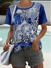 billiga Konst &amp; Design t-shirt-Dam T-shirt Blommig Grafisk Stylish Ledigt Kortärmad Rund hals Vanliga toppar Dagligen Helgen Mönster Marinblå Sommar Vår