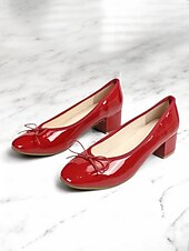 cheap Block Heels-Women&#039;s Black Patent Leather Block Heel Ballet Pumps with Bow - Elegant Round-Toe Shoes for Work, Office &amp; Formal Events