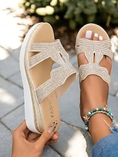 cheap Vacation Sandals-Women&#039;s Rhinestone Wedge Sandals – Elegant Slip-On Platform Slides for Summer, Beach, and Casual Outings