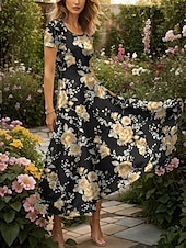 abordables Robes fleuries-Femmes Robe maxi Robe Décontractée Robe trapèze Robe d&#039;été Vacances ancien Ethnique Coupe régulière Fleuri Graphique Manche Courte Col carré Jaune Été Printemps