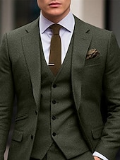 preiswerte Anzüge-grüner Tweedanzug für Herren, einfarbig, dreiteilig, Retro-Vintage, Übergröße, einreihig, zwei Knöpfe