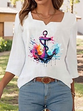 cheap Shirts-Women&#039;s Blouse Graphic Graffiti Elegant Linen Like 3/4 Length Sleeve Notched Neck Regular Tops Daily Going out Print White Summer