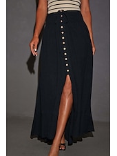 abordables Robes-Jupes femme inspirées du lin, mode, maxi, taille mi-haute, uni, ourlet asymétrique, extrémités fourchues, micro-élastique, vacances, rue, noir, blanc, été, coton