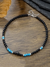 abordables Bijoux pour hommes-Collier de perles en pierre naturelle fait main pour homme – ras du cou style bohème vintage turquoise et agate noire, bijoux tribaux pour la plage, les voyages et les tenues décontractées