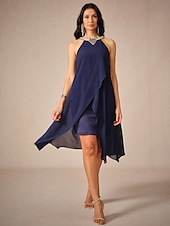 cheap Cocktail Dress-Women&#039;s Knee Length Dress Chiffon Dress Elegant Stylish Flowy Party Date Regular Fit Solid Color Sleeveless Halter Neck Navy Blue Summer