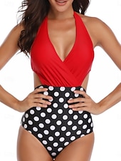 billige Onepiece badedrakter-Kvinners Badetøy Én Delt Monokini Badedrakt Ryggløs Magekontroll Høy Midje Slim Ferie Strandklær Blomster Prikkete V-Hals Ermeløs Badedrakter