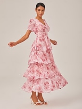 abordables Robes décontractées-Robe longue décontractée pour femme, tenue de soirée, col en V, manches courtes, coupe trapèze, imprimé floral, volants superposés, tenue de tous les jours, jupe gâteau, taille ajustée, robe longue