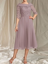preiswerte Teelänge-A-Linie Brautmutterkleid Hochzeitsgast Elegante gewellte Ausschnitt Tee-Länge Chiffon Spitze Halbarm mit Spitze Perlen Midi Kleid 2025