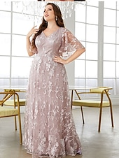 preiswerte Unter 129,99 $-Plus Size Kleid Mutter der Braut Kurvenkleid Elegantes V-Ausschnitt Bodenkleider Spitze Kurzarm mit Spitze 2025