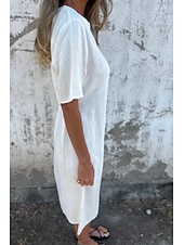 economico Abiti casual bianchi-Per donna Abito Midi Abito in cotone e lino Moda Essenziale Quotidiano Uscire Spiaggia Vestibilità regolare Fiore Manica Corta Scollo a V Bianco Giallo Rosa Vino Estate