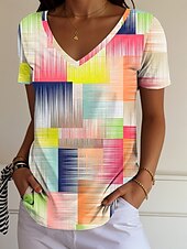 cheap Stripe&amp;Geometric tee-Women&#039;s T Shirt Ombre Graphic Geometric Casual Short Sleeve V Neck Regular Tops Daily Print Rainbow Summer Spring