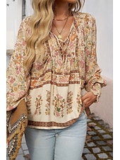 billige Blomstrete topper-Dame Skjorte Bluse Blomsternål i krystall Daglig Stilfull Fritid Langermet V-hals Vanlige topper Daglig Ferie Trykt mønster Rosa Navyblå Blå Aprikos Vår