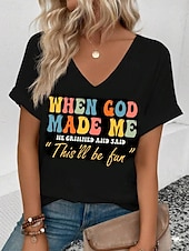 ieftine Umor &amp; Citate tricou-Pentru femei Tricou Grafic Scrisă Casual Manșon scurt În V Topuri obișnuite Zilnic Sfârșit de săptămână Imprimeu Negru Alb Verde Deschis Roz Îmbujorat Vară GOD
