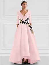 preiswerte SCHWARZ-Schwarzes A-Linie Abendkleid Vintage Gesticktes Elegantes Kleid Smokingkleid Formal Bodenlang Langarm V-Ausschnitt Tasche Satin mit Perlenapplikationen