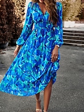 cheap Floral Dress-Women&#039;s Midi Dress A Line Dress Fit And Flare Dress Puff Sleeve Dress Vacation Casual Vacation Daily Regular Fit Graphic Long Sleeve V Neck Red Blue Green Apricot Summer