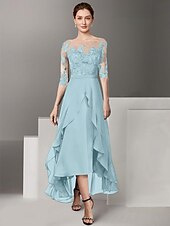 voordelige Vloerlengte-A-Lijn Moeder van de Bruid Jurk Formele Bruiloft Gast Elegante Hoog Laag Off Schouder Enkel Lengte Chiffon Kant Half Mouw met Plooien Applicaties gratis op maat