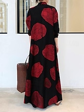 abordables Robes fleuries décontractées-Femme robe longue Robe en coton et lin Robe imprimée Mode du quotidien Fin de semaine Standard Fleur manche longue Col de Chemise Noir Blanche Jaune Rouge Eté