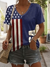 ieftine Ziua Independenței Top-Bluză patriotică pentru Ziua Independenței Femei Patriot Veteran Tricou de 4 Iulie Steag Casual Roșu Alb și Albastru Mâneci scurte Gât în V Topuri regulate Zilnic Print albastru Vară Primăvară