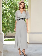 levne Délka podlahy-A-line šaty matky nevěsty elegantní vintage jednoduché v-krk podlahové délky šifonové krátké rukávy s krajkovou aplikací sklady zřasené