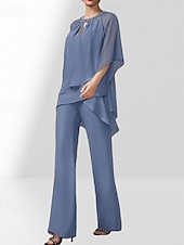 abordables Longueur du plancher-Ensemble Deux Pièces Combinaison Robe de Mère de la Mariée Invité de Mariage Élégante Col Montant Longueur de Sol Crêpe Manches 3/4 Avec Ruchés Perles 2025