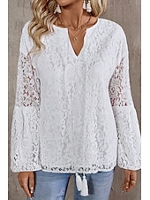 preiswerte Spitzenoberteile-Damen Bluse Spitzentops Glatt Stilvoll Modern Langarm V Ausschnitt Normale Oberteile Täglich Festtage Spitze Weiß Sommer