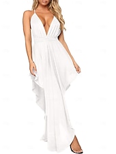 abordables Robes décontractées blanches-Femme robe longue robe blanche Robe d&#039;été Robe à enfiler Robe à col licou chaud Mature robe sexy du quotidien Soirée Standard Plein Couleur monochrome Sans Manches Dos nu V Profond Noir Blanche Rose
