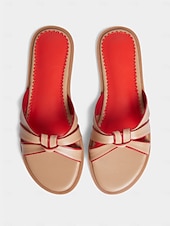 abordables Sandalias de Vestir-Sandalias planas para mujer en beige y rojo con tiras anudadas: zapatos casuales para el día a día y para citas de verano.
