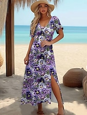 preiswerte Blumenkleider-Damen Maxi Kleid A-Linien Kleid T-Shirt Kleid Tee Kleid Sundress Sommerkleid Elegant Urlaub Tropisches Urlaub Strand Regulär Fit Floral Grafik Kurzarm Rundhals Blau Sommer