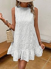 levne Jednoduché šaty-Dámské mini šaty petite šaty A-line šaty letní šaty v jedné barvě off-the-shoulder šaty volnočasové dovolená každodenní pravidelný střih grafické bezrukávové kulatý výstřih bílé léto