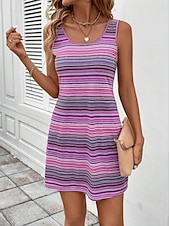 preiswerte Streifen- und geometrische Kleider-Damen Mini Kleid Freizeitkleid Tanktop Kleid Sommerkleid Tropisch Stylisch Freizeit Daily Lockere Passform Grafik Streifen Ärmellos U-Ausschnitt Fuchsia Sommer