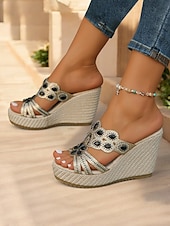 cheap Vacation Sandals-Women&#039;s Rhinestone Wedge Sandals – Sparkly Open-Toe Platform Sandals with Gem Embellishments for Summer, Beachwear, and Casual Chic Outfits