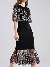 abordables Longueur du thé-Robe Mère de la Mariée Élégante Fête Col Arrondi Longueur Sol Cotonnage Manches Courtes avec Broderie Robe Midi 2025