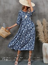 economico Abito Floreale-Abito Midi Donne Abito A Line Abito Fit And Flare Bohemia Vacanza Maniche A Lanterne Casual Quotidiano Fit Regolare Grafica Mezza Manica Collo a V Blu Navy Estate Primavera