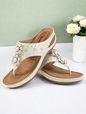 tanie Wygodne sandały-damskie sandały na koturnie z wkładką masującą – kwiatowe, boho japonki na co dzień, na lato, na plażę i na zewnątrz